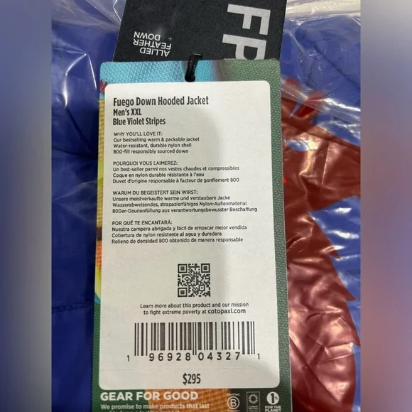 Cotopaxi Men’s XXL Fuego Hooded Down Puffer Jacket Blue Violet Stripes NWT - Picture 4 of 14